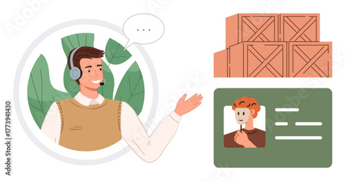Call center agent offering help, green leaf background. Identification and stacked wooden boxes suggest communication, logistics, e-commerce, support, customer care, and interaction. Simple flat