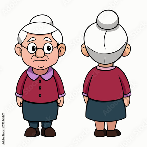 Charming cartoon grandma character shown from front and back views