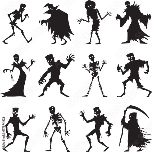 Halloween Monsters Silhouette Vector Set – Vampire, Zombie, Skeleton, and Ghost Icons