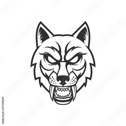 Wolf mask illustration with fierce expression in black and white  