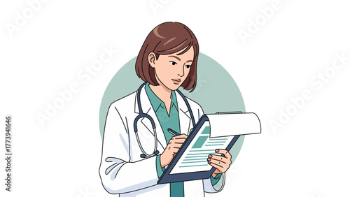 Female doctor writing notes on client chart in medical office  
