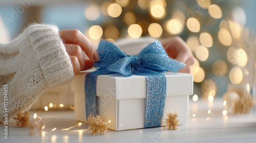 Cozy family moment during Christmas as hands tie blue ribbon on white gift box surrounded by warm lights creating festive dinner atmosphere full of joy and celebration