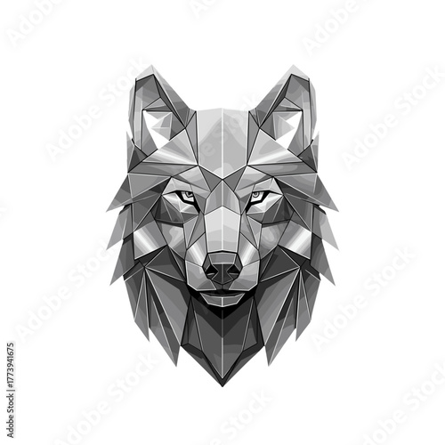 Wolf mask in geometric style with gray tones and sharp features  