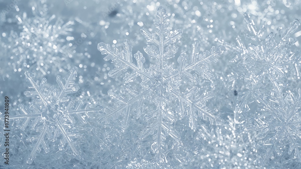 Fototapeta premium Close-up of snowflakes, ice crystals, frozen water patterns with intricate details. Winter, cold weather, and beauty of ice. The natural forming of snowflakes.