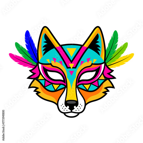 Colorful wolf mask illustration with feather details  