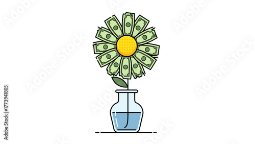 Flower with dollar in vase and green leaves on white background  