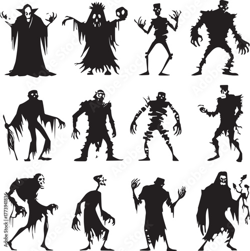 Halloween Monsters Silhouette Vector Set – Vampire, Zombie, Skeleton, and Ghost Icons