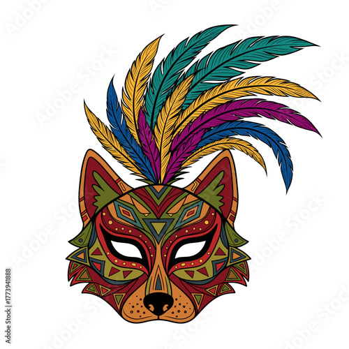 Colorful wolf mask with feathers in tribal style design  