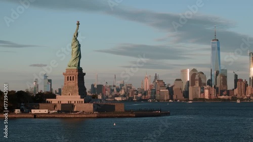 Aerial view of the Statue of Liberty and the World Trade Center