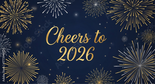Vibrant fireworks light up the night sky, celebrating the arrival of the year 2026. A captivating visual of festive atmosphere and New Year's Eve cheer. vector illustration