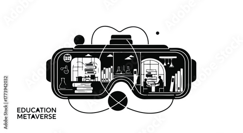 Immersive virtual reality headset displaying a futuristic digital classroom for learning and exploration