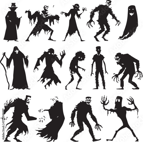 Halloween Monsters Silhouette Vector Set – Vampire, Zombie, Skeleton, and Ghost Icons