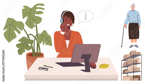 Smiling agent in headset at desk with computer helping elderly person, surrounded by office supplies, plant, and shelving units. Ideal for customer service, support, communication, care, elder