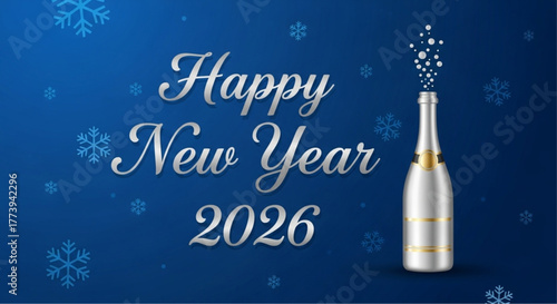 Happy New Year 2026 Celebration with champagne bottle and snowflakes vector illustration