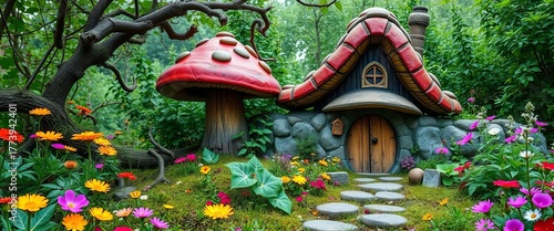 A whimsical mushroom house nestled amongst wildflowers and overgrown vines,   yellow,   spring