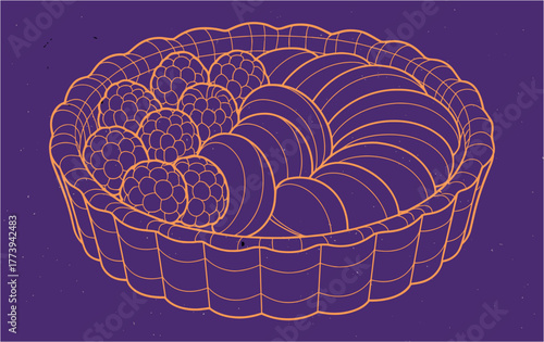 3D wireframe illustration of a fruit tart with geometric details and minimal line design. A modern digital approach to classic dessert art