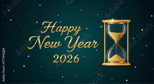 Golden Happy New Year 2026 with an hourglass illustration. Celebrating the passage of time and the arrival of a new year. vector illustration
