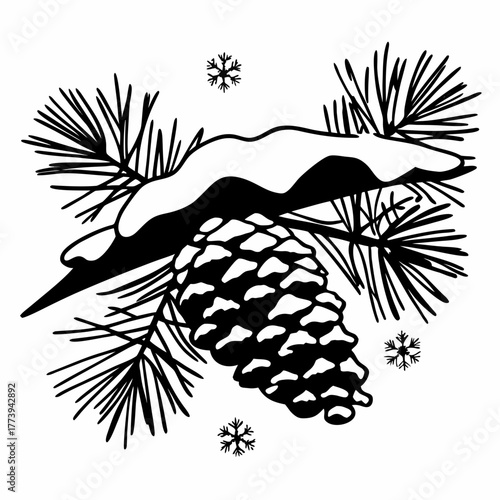 Pine cone and snowy branch for christmas time