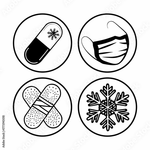 Winter health icons with medicine, mask, bandage, and snowflake isolated on white