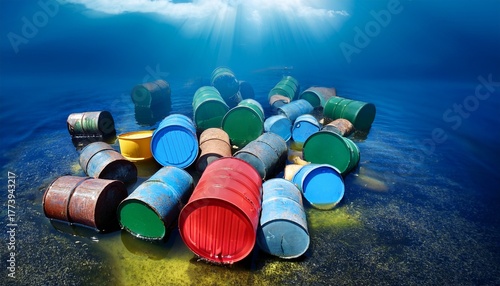 colorful barrels adrift in a polluted sea