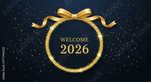 A shimmering golden frame, elegantly adorned with a satin ribbon, welcomes the upcoming year  2026 with an air of sophisticated celebration. Scattered across a dark background. vector illustration