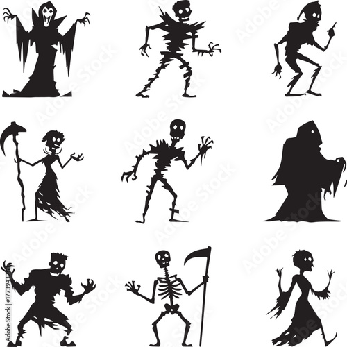 Halloween Monsters Silhouette Vector Set – Vampire, Zombie, Skeleton, and Ghost Icons