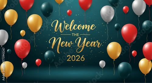 Festive balloons with a Welcome The New Year 2026 greeting. A colorful arrangement celebrates new year in photorealistic way. vector illustration