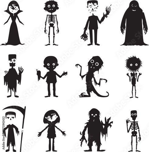 Halloween Monsters Silhouette Vector Set – Vampire, Zombie, Skeleton, and Ghost Icons