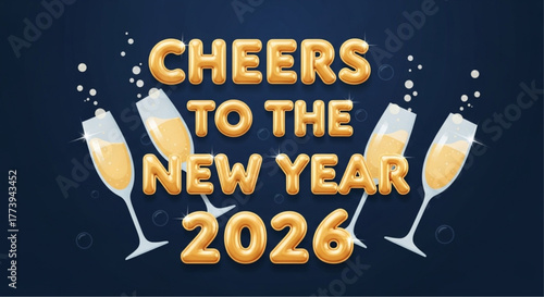 Festive and vibrant celebratory display of champagne flutes with bubbles, against a backdrop of the New Year's wishes. Sparkling drinks in the air, a toast to new beginnings. vector illustration