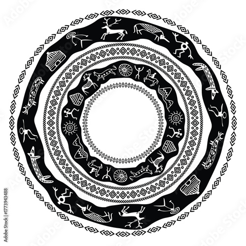 Vector round ethnic element, circular petroglyphs and geometric pattern, rock paintings, naive art, vector design
