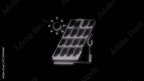 Neon White Solar Panel and Sun Icon on Black Background energy renewable