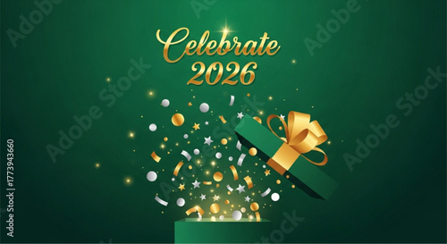 A festive green gift box opens to reveal shimmering gold and silver confetti, celebrating the year 2026. This dynamic image evokes a sense of anticipation and excitement.  vector illustration