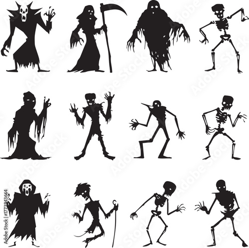 Halloween Monsters Silhouette Vector Set – Vampire, Zombie, Skeleton, and Ghost Icons