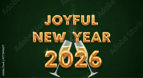 Golden champagne glasses clink in a joyous toast, illuminated against a rich green backdrop, ushering in the hopeful promise of a Joyful New Year 2026. vector illustration