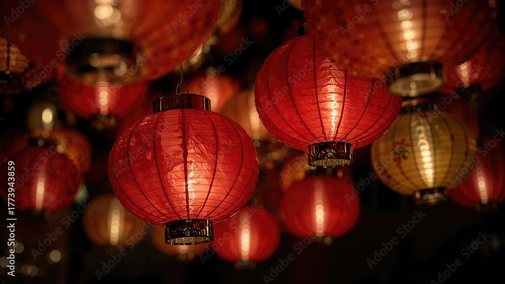 Obraz premium Colorful red and yellow paper lanterns hanging in the dark. Festive decoration, Asian cultural celebration, traditional lighting, vibrant atmosphere.
