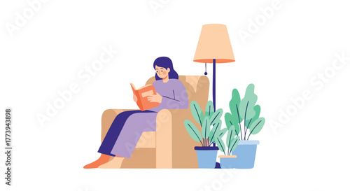 An illustration depicts a woman comfortably seated in a chair, engrossed in reading a book, accompanied by potted plants and a warm lamp, creating a cozy atmosphere.