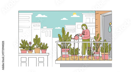 An illustrated woman waters plants on a balcony, surrounded by potted flowers and greenery, with a cityscape background and a sunny sky, promoting urban gardening and lifestyle.