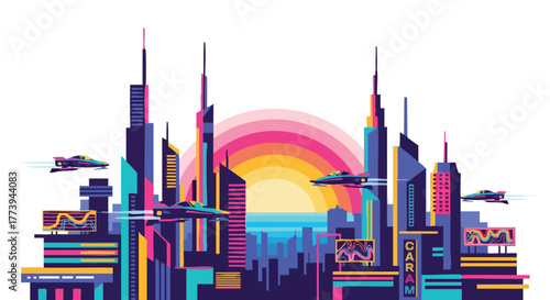 An imaginative illustration showcases a futuristic cityscape with towering skyscrapers, flying vehicles, and a vibrant sunset, representing modern technology and urban progress.