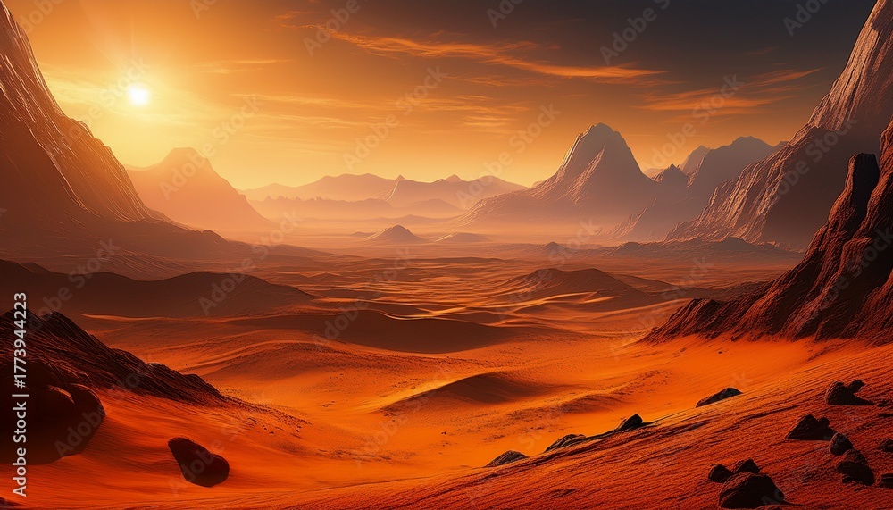 Naklejka premium vast mars desert with golden sky and distant mountains