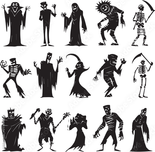 Halloween Monsters Silhouette Vector Set – Vampire, Zombie, Skeleton, and Ghost Icons