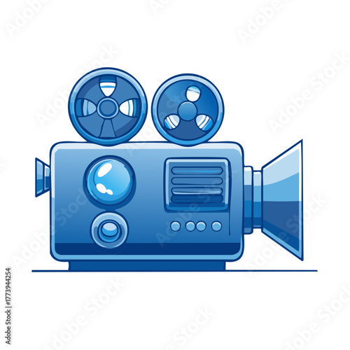 Retro blue movie camera with film reels and lens, cartoon style illustration