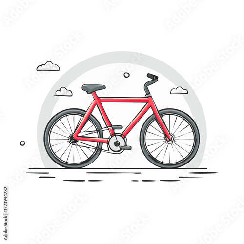Red bicycle illustration with wheels pedals and handlebars depicted in a simple line art style