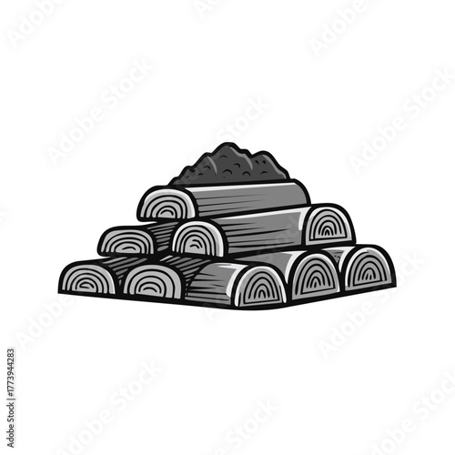 Monochrome illustration of stacked firewood logs with a pile of coal or charcoal on top