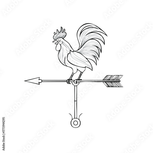 Illustrative black and white drawing of a rooster perched on an arrow-shaped weathervane pointing left
