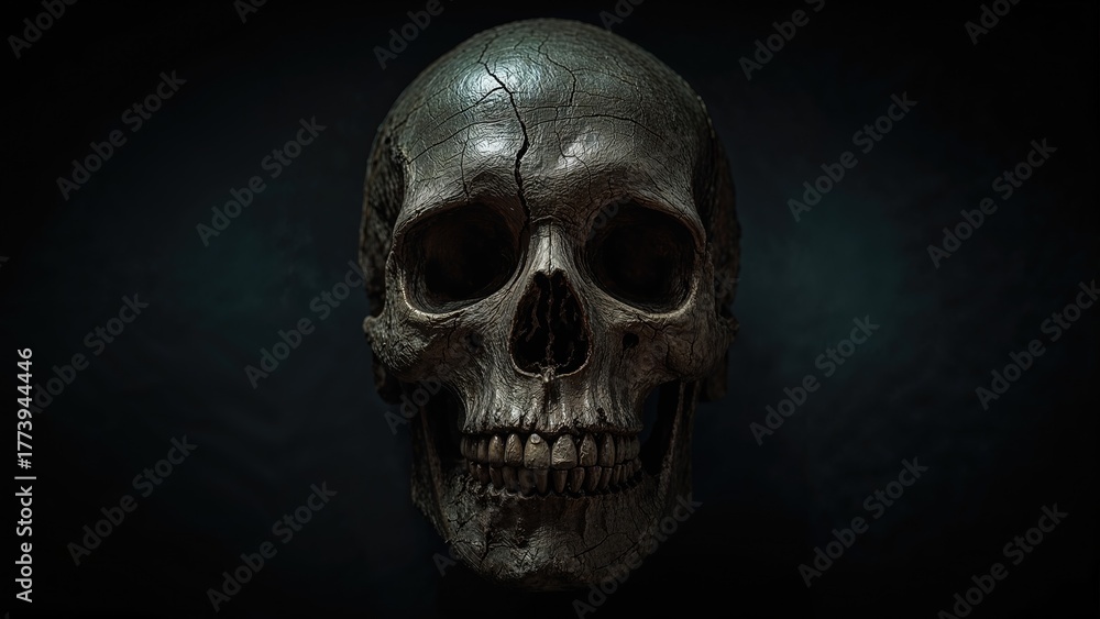 Fototapeta premium A human skull with cracks, dark background and ominous lighting.