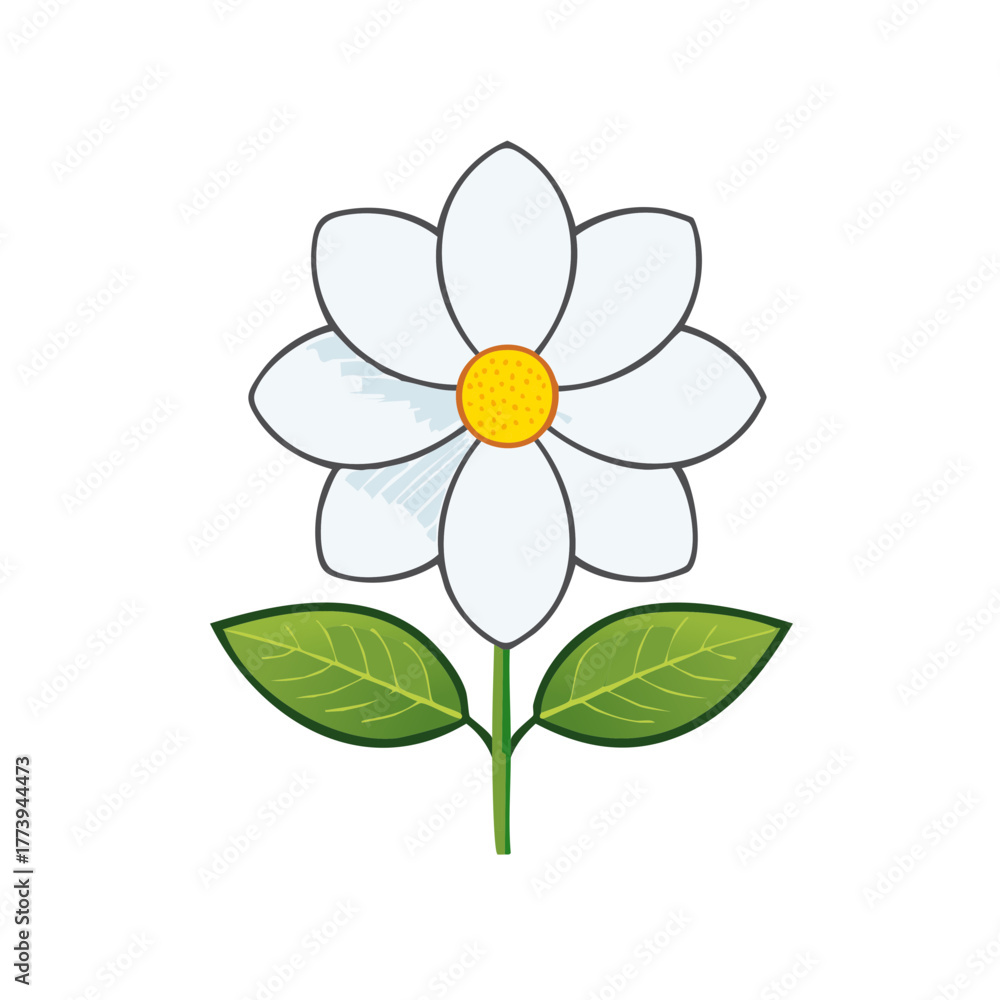 Naklejka premium Simple cartoon white flower with yellow center and green leaves illustration