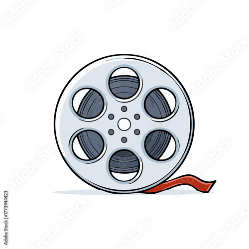 A playful hand drawn style film reel with unspooling red movie strip for cinema and video production