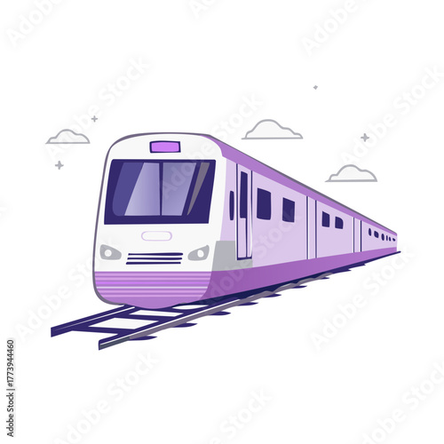 Modern purple and white commuter train traveling on tracks with clouds overhead