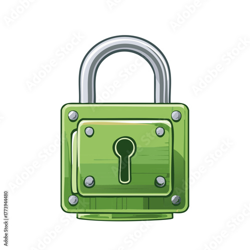 Security and protection represented by Green Padlock Cartoon style, with metallic shackle for safe locking, isolated over white