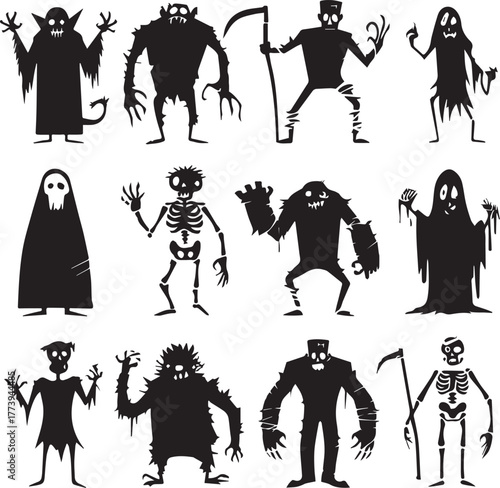 Halloween Monsters Silhouette Vector Set – Vampire, Zombie, Skeleton, and Ghost Icons